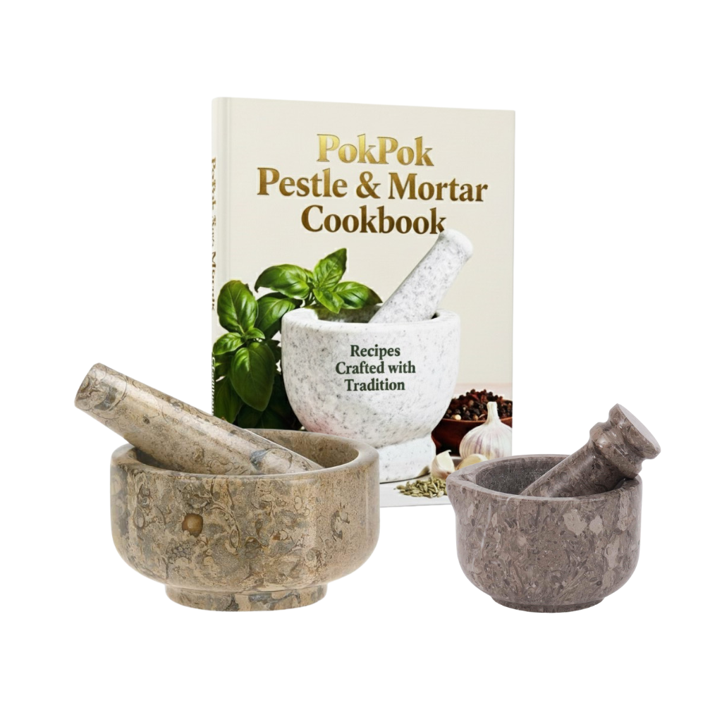 PokPok™ Bundles & Gift Sets – Medium Himalayan and Mini Marble Pestle & Mortar (with Free Cookbook & Content Guide)